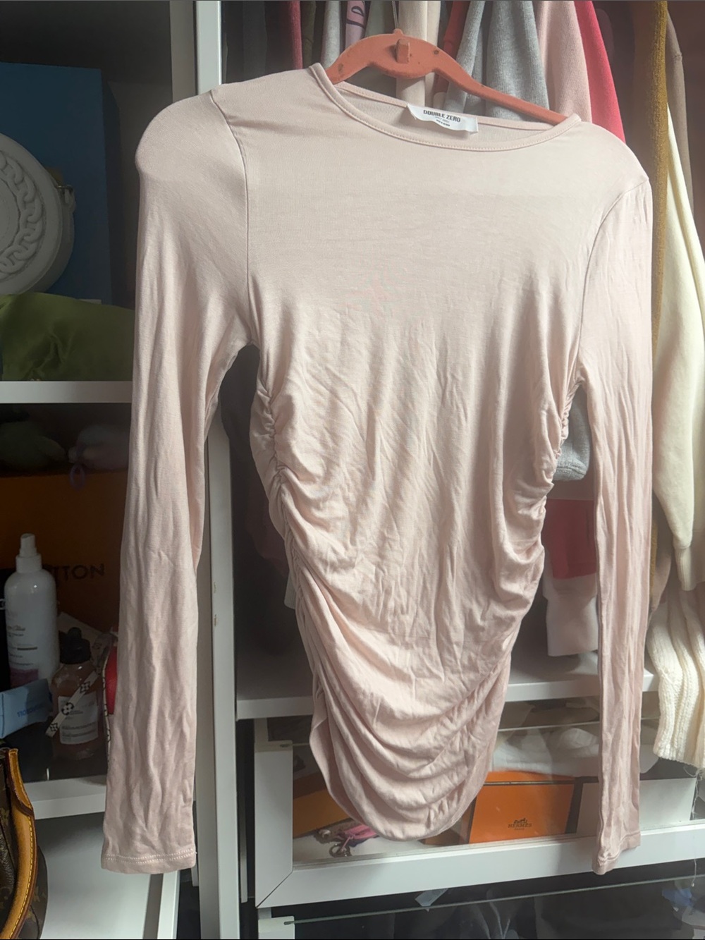 Double Zero Blush Pink Ruched Long Sleeve Crewneck Top